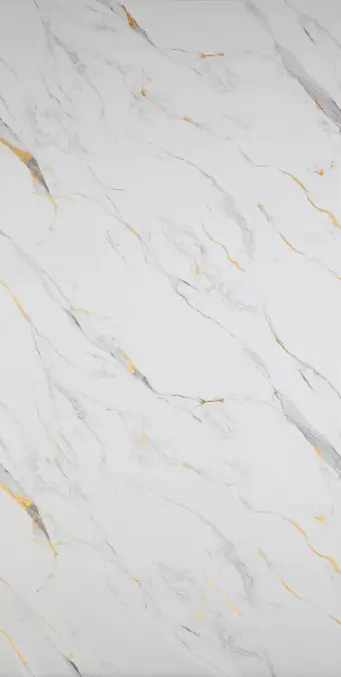 Стенен панел Porfloor Carrara Gold — PW 81493: светла основа със сиви и златисто-бежови жилки
